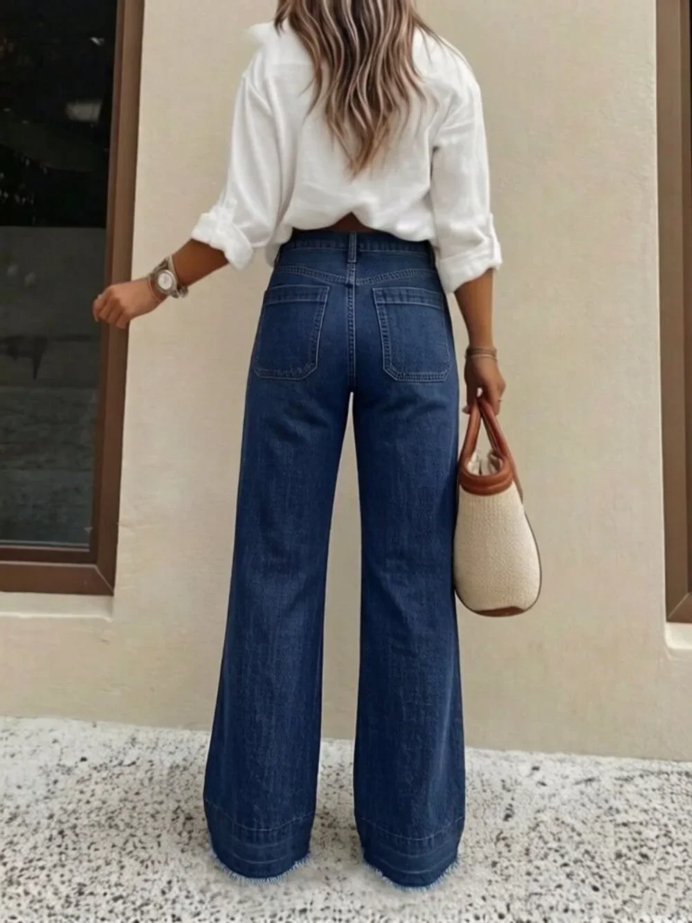 Dark Wash Women's Casual Loose Fit Wide Leg Denim Pants - Picture 3 of 5